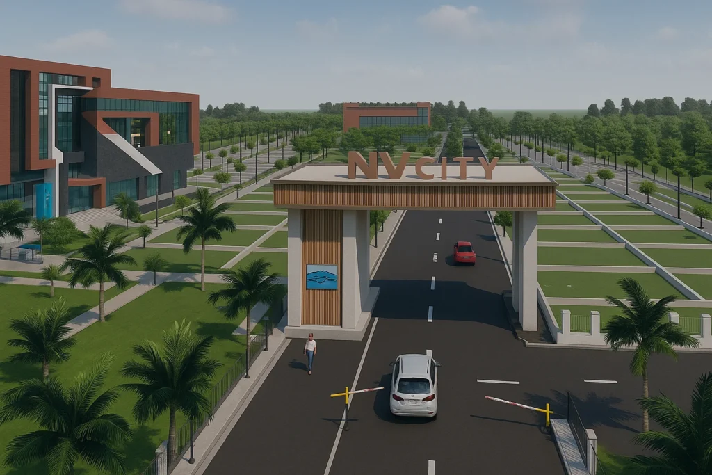 NV City Kharkhoda Sector 10A entry gate with wide roads and green plots